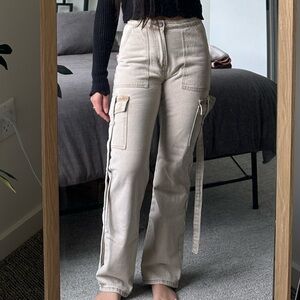 Beige Medium High Rise Wide Straight Leg Cargo Jeans